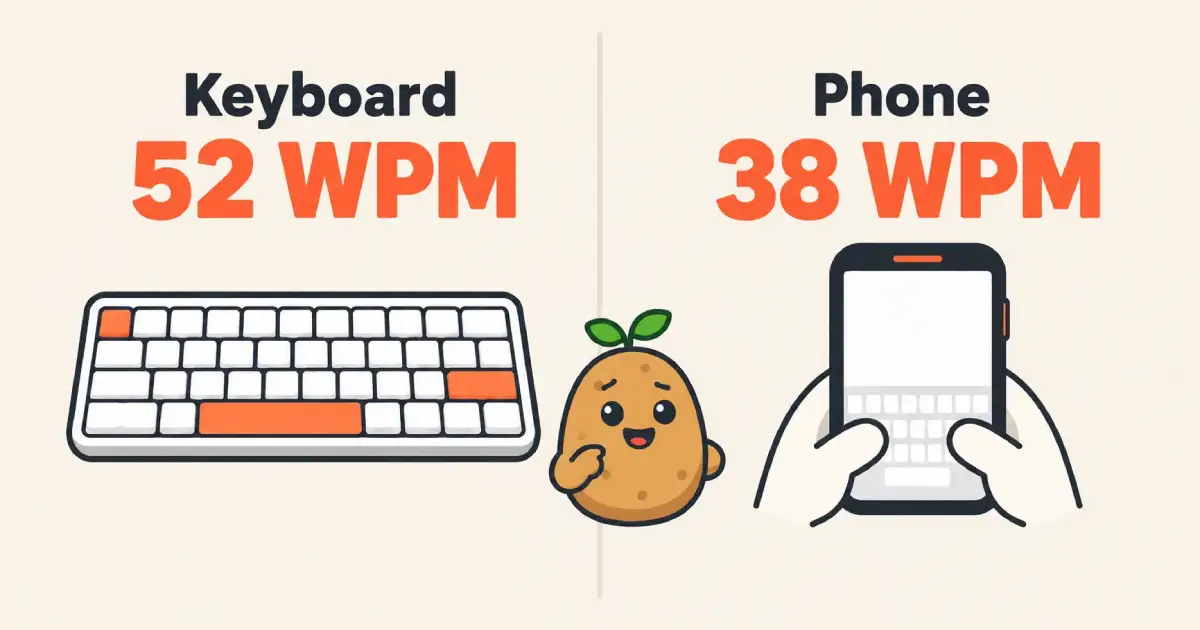 Comparison of average typing speed on a keyboard at 52 WPM and on a phone at 38 WPM